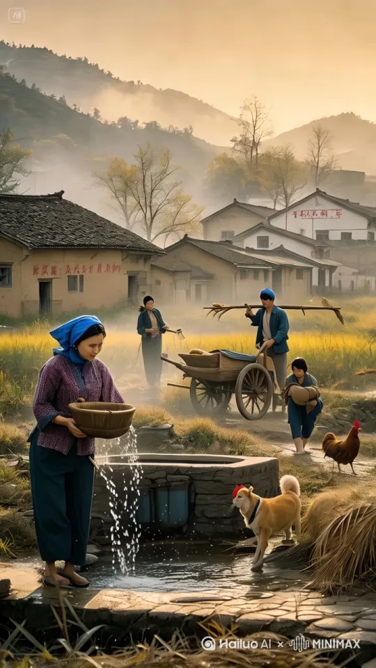 清晨的乡村,阳光透过薄雾洒在田野和村庄上,画面前景是一条小溪,清澈的溪水潺潺流动。一位身穿传统服饰的妇女站在溪边,用竹篮舀水,水珠在阳光下闪烁。她头戴蓝色头巾,身穿紫色上衣和深色裤子,脚踏一双朴素的布鞋。她的身旁,一只黄色的狗注视着溪水。
在小溪的另一侧,一位男子肩扛扁担,挑着两筐稻谷,正沿着田间小道走来。他身后是一辆木制的手推车,车上装满了稻谷。一位妇女推着手推车,另一位小孩跟在她身边,手里拿着一些稻草。背景中,几栋白墙黑瓦的传统民居错落有致地排列着,屋顶上飘着炊烟。远处的山峦在晨雾中若隐若现。
画面右侧,一只红冠的公鸡悠闲地在田间踱步。田野里的稻谷已经成熟,金黄色的稻穗随风摇曳。整个场景充满了浓郁的乡村气息,展现了农民们勤劳的生活和丰收的喜悦。 by Hailuo AI Video Generator