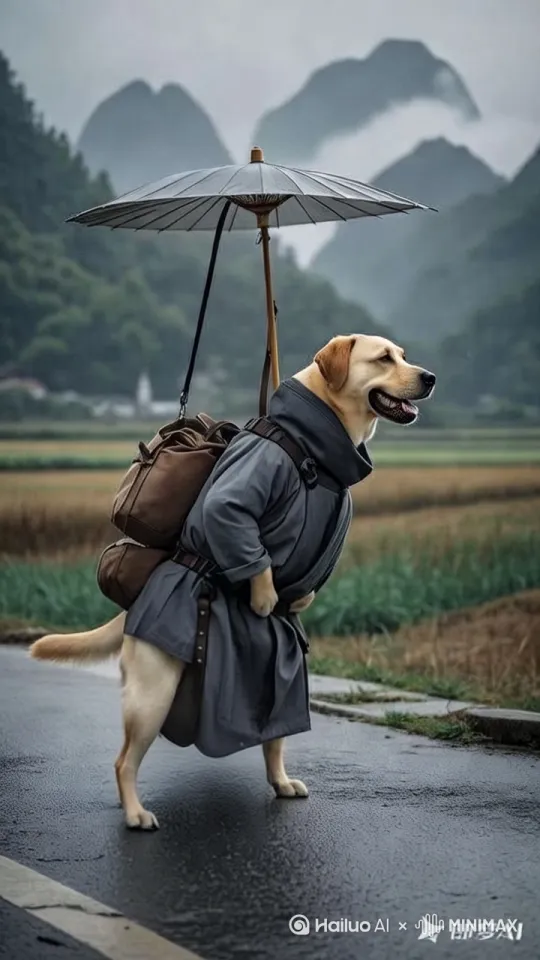 天空下起小雨，拉远，左移，跟拍，拉近，狗狗向前走，高清摄影，特写狗头，大眼睛，湿漉漉，定格3秒 by Hailuo AI Video Generator