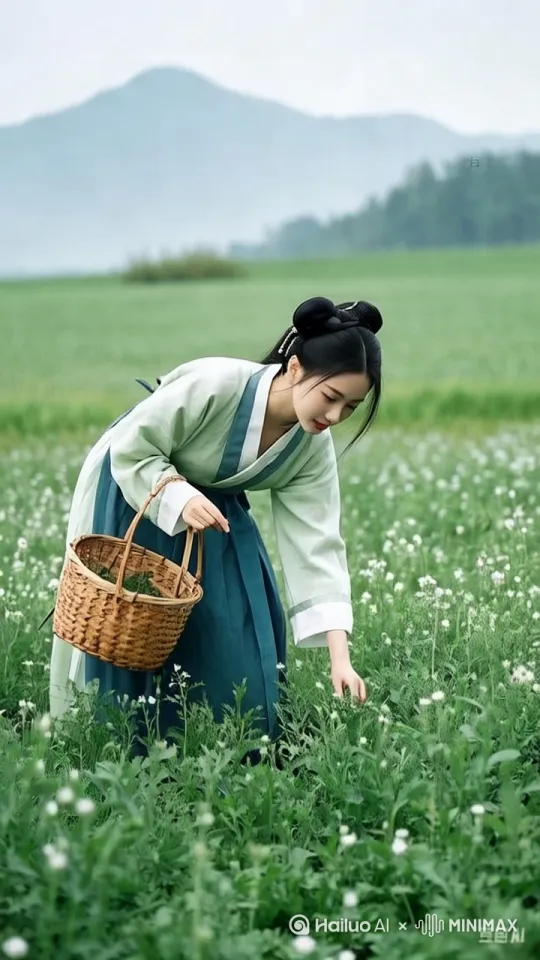 画面从广阔田野渐推至女子，女子专注地挑选荠菜，轻轻将其摘下放入竹篮，时而抬头望向远方，满心欢喜 by Hailuo AI Video Generator