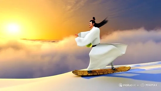 盛唐水墨风3D动画，李白身着素白宽袖长袍踏竹纹滑雪板，在终南山雪岭疾驰。乌发高束随风扬起，腰间玉壶酒液泼洒成银河光点，手持青锋剑划出金色《将进酒》诗句轨迹。雪浪在袍摆下迸发青莲状冰雾，松柏覆雪的悬崖间掠过丹顶鹤群。仰拍镜头展现金色朝阳穿透云海，滑雪板急转时溅起泼墨粒子特效，10秒结尾定格在李白凌空腾跃举杯大笑的狂放瞬间，背景浮现长安城剪影与流动山水画卷。比例：16：9，时长10秒。 by Hailuo AI Video Generator