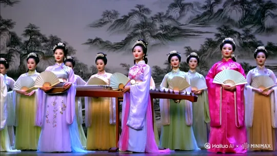 "中国小姐选美比赛"，璀璨夺目的舞台灯光聚焦于一群身穿华丽传统汉服的东方佳丽，她们个个面容姣好，身姿曼妙，正自信地走在T台上。佳丽们或手执折扇，或轻抚古筝，展现出中国古典女性的温婉与智慧。背景是一幅水墨山水画，与佳丽们的服饰相得益彰，营造出浓厚的中国古典氛围。整个场景采用纪实摄影风格，捕捉每一个动人瞬间，中景全景展现，让观众仿佛置身于比赛现场，感受那份独特的东方魅力。 by Hailuo AI Video Generator