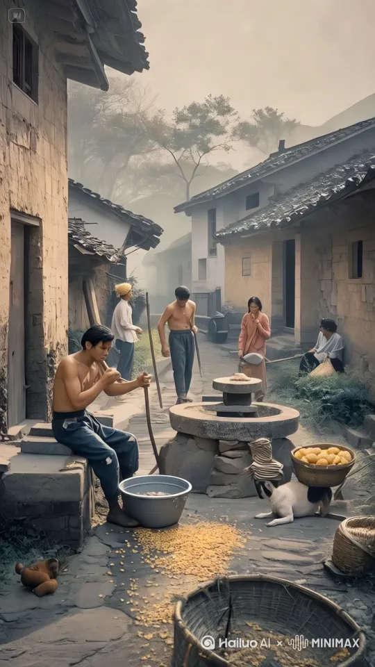 场景设定在一个古老的村庄，阳光透过薄雾洒在石板路上，营造出一种宁静的氛围。画面中心是一口古老的石磨，几个人正在忙碌地进行日常劳动。

镜头开始时，从远处缓缓推进，逐渐靠近村庄的中心。随着镜头的移动，可以看到村庄的建筑大多是土坯房，屋顶覆盖着瓦片，充满了历史的厚重感。薄雾在村庄上空飘荡，给人一种朦胧的美感。

镜头继续推进，来到石磨附近。一个赤裸上身的男子坐在石磨旁，正在用力地转动磨杆。他的身旁放着一个大铁盆，里面装满了玉米粒。一只小狗懒洋洋地躺在地上，似乎在享受这片刻的宁静。

镜头转向右侧，一位妇女正在用篮子装着玉米粒，她的动作娴熟而有力。她身后是一位男子，手持长棍，似乎刚刚完成了一段劳动，正在休息。再往后，一位老人坐在墙角，手中拿着一个编织篮子，目光注视着前方，仿佛在回忆着什么。

镜头继续移动，回到石磨旁。赤裸上身的男子继续转动磨杆，玉米粒不断从磨盘上落下，散落在地上。小狗偶尔抬起头，望向四周，然后又懒洋洋地躺回去。

镜头最后定格在石磨旁，玉米粒不断落下，散落在地上。阳光透过薄雾，洒在石板路上，整个村庄显得宁静而祥和。[推出,上升,下摇] by Hailuo AI Video Generator
