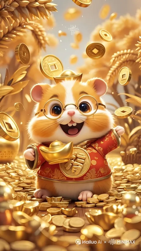 8K超高清画质,电影级渲染。萌态可掬的仓鼠身着红金花纹唐装,头戴金帽,手持金元宝欢快晃动,圆眼镜下的大眼睛灵动闪烁,嘴角上扬露齿微笑,左手自然挥舞互动。周围金色古钱币如雪花般轻盈飘落,地面堆满金元宝、铜钱,背景金色麦穗随风轻摆,营造丰收富足氛围。运镜采用环绕式跟拍,先聚焦仓鼠活泼动作,再缓缓拉远展现全景,光影细腻勾勒金币反光与服饰纹理,搭配轻快喜庆的背景音乐,让整个画面洋溢热闹欢快的财运主题,动态过渡丝滑自然。 by Hailuo AI Video Generator