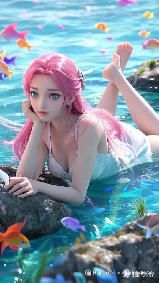 美晃动上身，双脚拍打水面，鱼儿游畅，8K高清电影画质 by Hailuo AI Video Generator