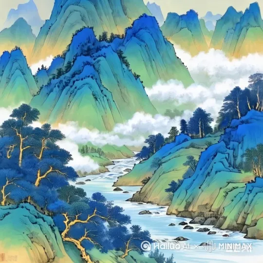[右摇,变焦推进]云雾缭绕，河水流动 by Hailuo AI Video Generator