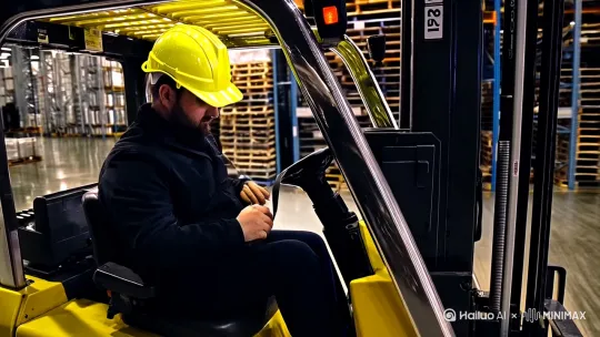 叉车作业时注意注意的事项，1 佩戴安全帽 2 系安全带 3 叉车挑货运行时离地 30-40cm by Hailuo AI Video Generator