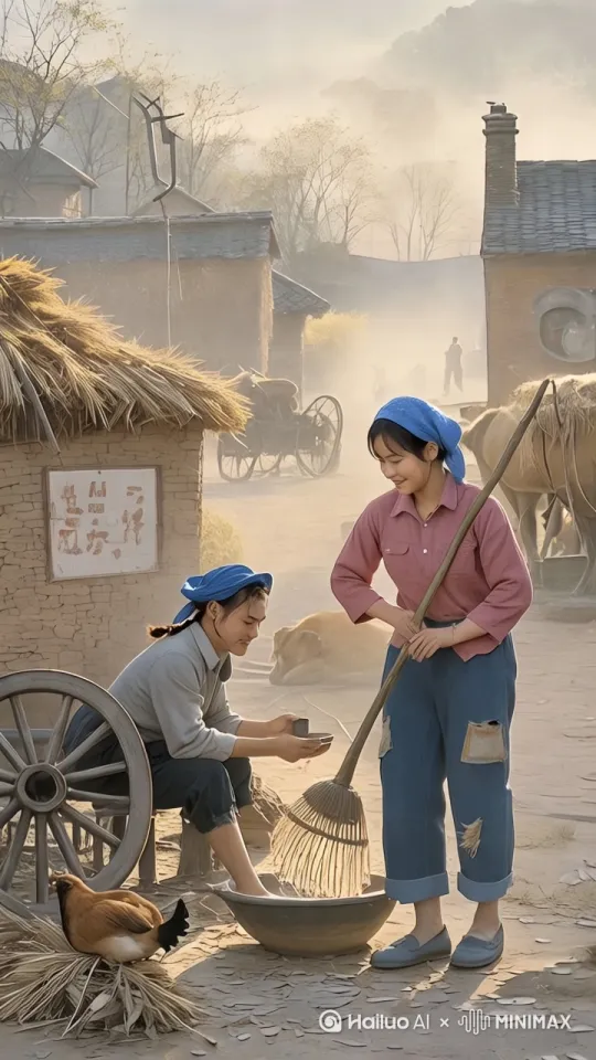 画面开始于一个清晨的乡村场景，阳光透过薄雾洒在地面上，营造出一种宁静的氛围。前景中，两个穿着简朴衣服的年轻人正在忙碌。左侧的年轻人蹲在地上，手里拿着一个小碗，似乎在为右侧的年轻人准备早餐或饮品。右侧的年轻人手持一把大扫帚，正在清扫地上的落叶和稻草。

在他们身旁，一只鸡在地上啄食稻草。背景中，一辆马车静静地停在那里，马儿低头吃草。远处可以看到另外一个人影，似乎在忙碌着什么。背景中的建筑物是用泥土和稻草建造的，屋顶覆盖着厚厚的稻草，显示出浓厚的乡村气息。

随着画面的推进，镜头缓缓拉远，逐渐展现出整个村庄的全貌。薄雾渐渐散去，阳光变得更加明亮，整个场景显得更加生动和真实。背景中的树木和远处的山脉也逐渐清晰起来，给人一种开阔的感觉。

接着，镜头开始缓慢移动，跟随右侧的年轻人清扫的动作，镜头沿着地面缓缓推进，展现出更多的地面细节和稻草的纹理。随后，镜头转向左侧的年轻人，聚焦于他手中的小碗和动作。

最后，镜头再次拉远，将整个村庄的全貌再次展现出来，阳光洒在地面上，鸡在地上啄食，马儿悠闲地吃草，整个画面充满了宁静和谐的氛围。[下降,上摇] by Hailuo AI Video Generator