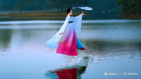 这张图片展示了一位身穿传统汉服的女性，她似乎在空中飞舞，背景是一片宁静的水面和几只飞翔的鸟儿。汉服的颜色以淡雅的白色和浅蓝色为主，带有粉色的渐变，整体给人一种轻盈飘逸的感觉。画面给人一种宁静、梦幻的感觉，仿佛置身于仙境之中。 by Hailuo AI Video Generator