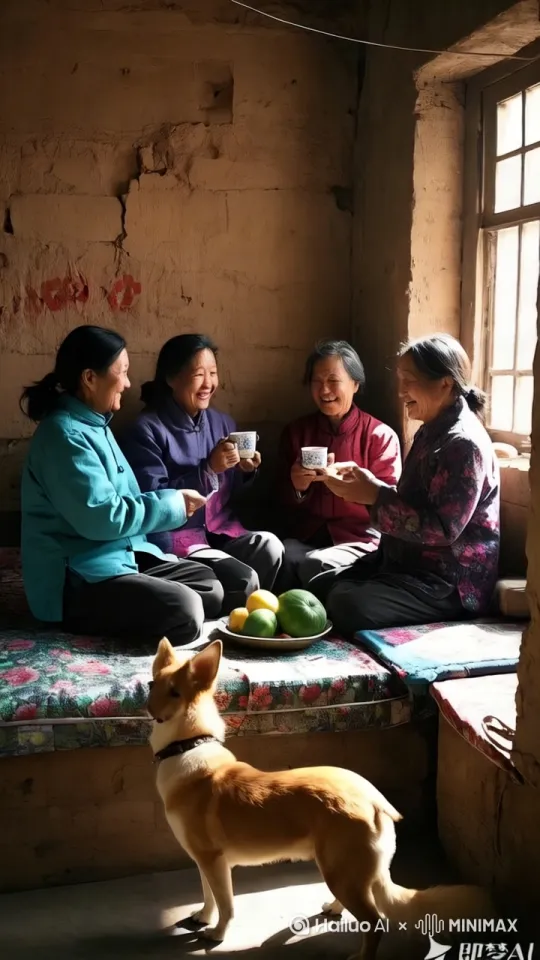 镜头移动，动态跟随，大黄狗跳上火坑，疯狂旋转，将瓜果撒了一地，几个妇女吓得惊慌失措，四处逃窜 by Hailuo AI Video Generator