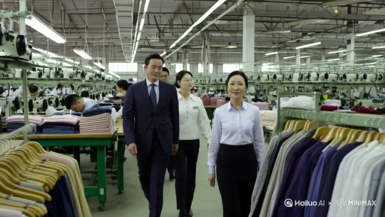 [推出,上升,下摇]天天津某个服装厂里，厂长和秘书带领参观人员在服装厂里参观，厂长是男性，穿西装。 by Hailuo AI Video Generator