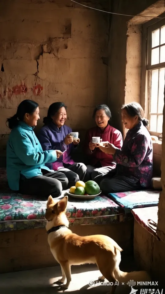 镜头移动，动态跟随，图片下方的大黄狗跳上床榻，疯狂旋转，将瓜果撒了一地，几个妇女吓得花容失色，惊慌失措，四处逃窜 by Hailuo AI Video Generator