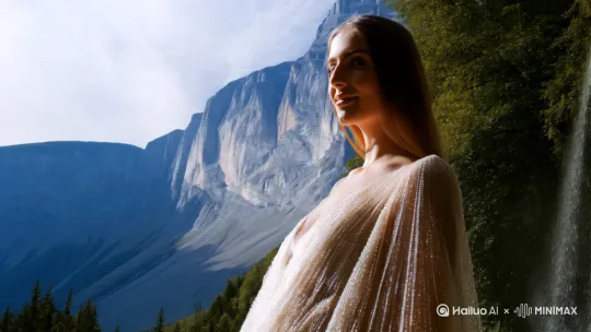 衣服高山流水的背景，一个身材曼妙，如仙子下凡又带着一些妩媚的女子在瀑布下，正用含情脉脉的眼神看着镜头 by Hailuo AI Video Generator
