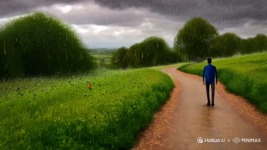 走在乡间的小路上 叽叽喳喳的鸟叫声还下着小雨 by Hailuo AI Video Generator
