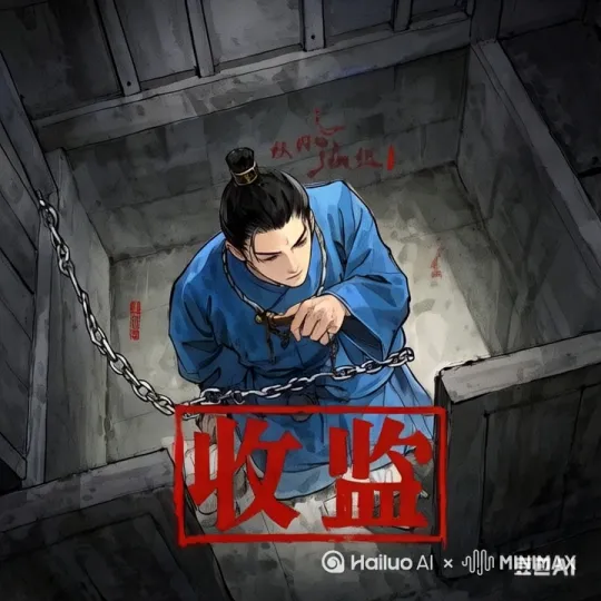 昏暗牢房中，蓝衣人被铁链束缚，“收监”二字醒目。他低头摆弄物件，脸上神情难测，在这狭小空间里，不知等待他的将是怎样的未来 。 by Hailuo AI Video Generator