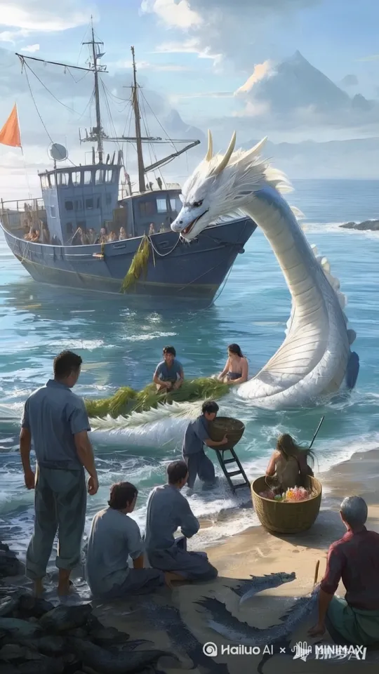 镜头移动，动态跟随，白龙跳起来，钻入海中 by Hailuo AI Video Generator