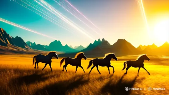 wild horses running through golden grassland at sunset, dynamic particle light trails, low poly mountains in the background, cinematic wide angle lens, warm yellow and cyan color grading --ar 16:9 by Hailuo AI Video Generator