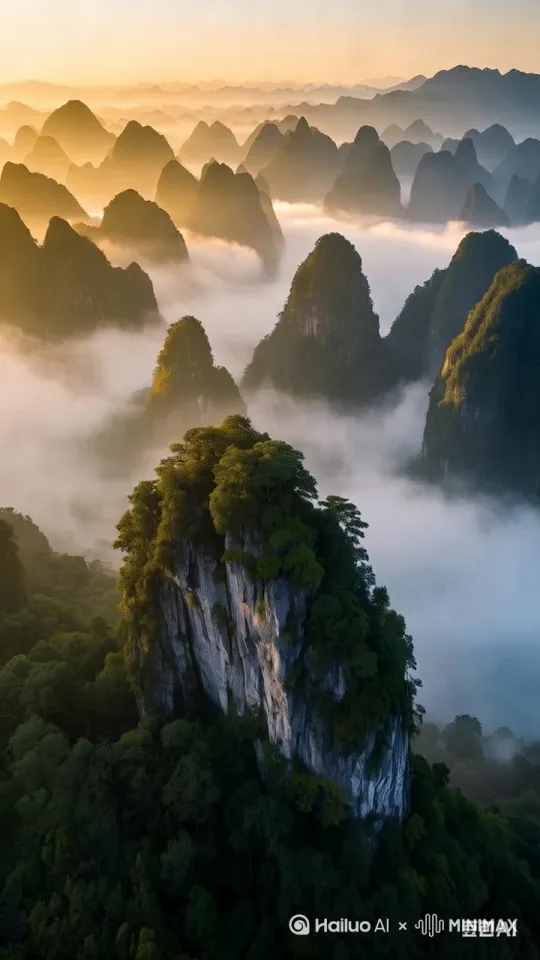 无人机穿越采用推进式运镜，镜头从远处逐渐靠近山峰，速度由慢到快，让观众有身临其境般穿越山峰的感觉。 by Hailuo AI Video Generator