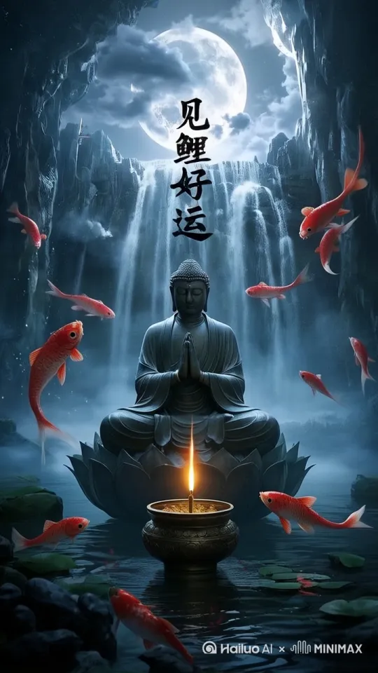 创意描述

航拍全景镜头，模型超高清，真实，实摄影，8k画质，HDR效果，焦距拉宽。展示出一个宁静而富有生机的山谷，一个如来佛陀韩坐在一个茝花之上露出慈祥和蔼的笑容，双手动起合十，云雾随风飘风动着，旁边有一个僧人动着请教佛什么问题，佛睁开眼看着鲤鱼。空里鱼上下翻滚跳跃着，月亮放耀眼的光茫，超细节，超高清，8k，超逼真，hdr。 by Hailuo AI Video Generator