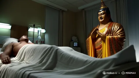 一个病人躺在病床上，地藏菩萨在床前念经为她祛除病魔，随着病魔的消失，病人缓缓睁开眼睛 by Hailuo AI Video Generator