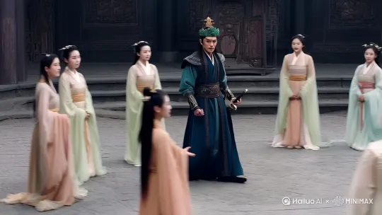 男主（玉冠长发古装帅哥，手持宝剑"）和女主（"月白纱裙流苏步摇古风美女"）
   > "古装男主被8位古风美女环绕，分镜头包含：  
   > ① 男主持剑旋转，美女呈圆形分布跟随；  
   > ② 俯视镜头展示环绕全景；  
   > ③ 特写男主与一位美女对视" 
   - 环绕镜头：  
     > "镜头以男主为中心做360°环绕，速度0.5秒/圈，运动模糊强度60%"  
   - 动态运镜组合：  
     > "先推镜头（0.5秒）聚焦男主面部，再切换平移镜头（2秒）横向扫过环绕美女，最后升镜头（1秒）展示全景" 
   - 男主特写镜头：缩放15-25%（4秒缓入缓出）  
   - 美女环绕镜头：旋转速度10°/秒+轻微缩放（增强空间感）  
   - 全景镜头：使用升降镜头，提升视觉冲击力。
- 动态遮挡：在环绕镜头中添加飘动的花瓣/轻纱作为前景，增强层次感。 by Hailuo AI Video Generator