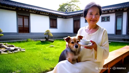 背景：简约白灰色调2层徽系庭院，
主景：庭院中花园，绿油油的草地
主题：小狗max向60岁优雅女主人撒娇，女主人正享受午后阳光和美味下午茶。 by Hailuo AI Video Generator
