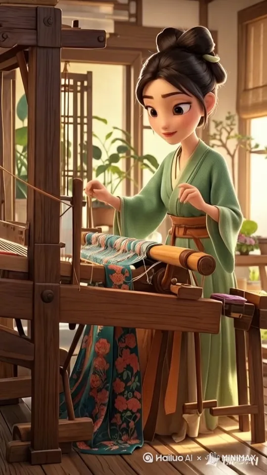 中景画面：3D皮克斯风格，梳双髻的木兰，端庄优雅地坐在木质织机前。双手娴熟操作梭子，梭子于丝线间飞速穿梭，丝线色彩斑斓，织物上初现精美花纹。屋内布置简洁古朴，木质家具纹理清晰，窗边摆放着几盆绿植 。 by Hailuo AI Video Generator