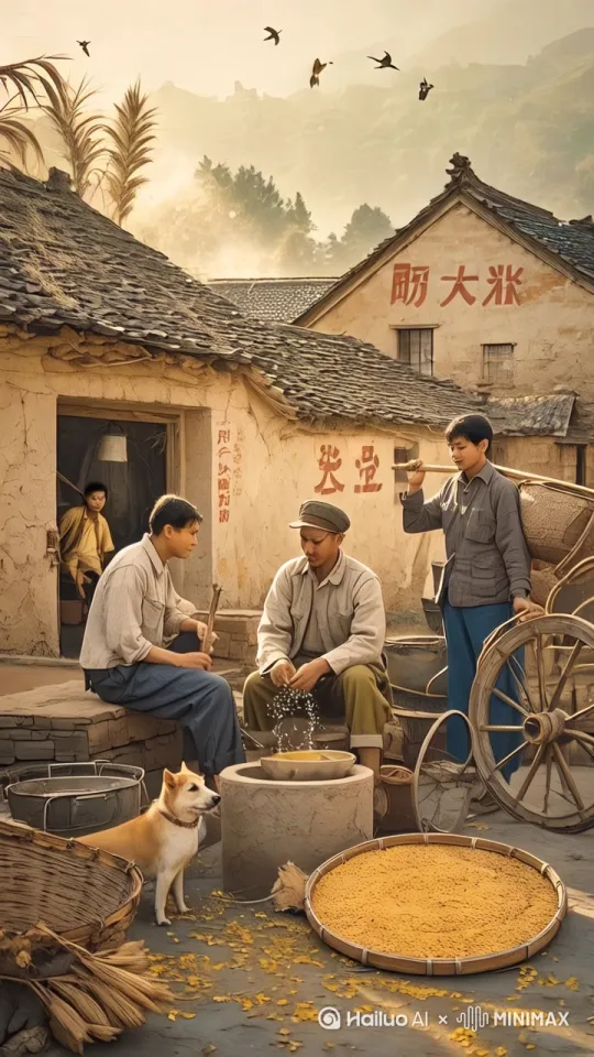 动态化提示词(分段式描述):
建筑层动态
青瓦屋檐垂下雨帘水珠(特写)
墙面粉色标语布随风飘动,中文毛笔字产生布料皱褶变形
木质窗框轻微晃动,窗内透出灶台炊烟袅袅上升
人物动态
老农蹲姿筛粮:双臂弧形摆动,麦粒呈抛物线洒落竹筛(慢动作)
青年手持木锨翻粮:金属锨头折射阳光,谷粒瀑布状坠落麻袋
对话妇女手势加强:左手比划高度,右手握稻穗轻摇(同步嘴部张合)
生物动态
黄犬动态循环:嗅闻粮袋→竖耳张望→小跑至水槽舔水
飞鸟阵型变换:3只燕子空中急转捕虫,翅膀扇动频率差异处理
墙角公鸡踱步:尾羽开合颤动,鸡冠随步伐晃动
环境动态
多层次风效:上层树冠剧烈摇摆,中层晾衣绳摆动,下层麦壳螺旋升腾
光影流动:云层移动造成明暗交替,筛粮区域投下栅栏状光影
流体模拟:雨水沿瓦沟汇聚成溪,与地面麦粒碰撞产生飞溅粒子
电影级运镜方案:
开场镜头(15秒)
45度俯角推镜:从标语特写拉出,展现场景全貌时触发「时间凝固」特效
突然释放所有动态元素:麦粒坠落/飞鸟惊起/犬类跃动同步发生
核心段落(30秒)
穿梭式运镜:镜头从粮袋缝隙穿过,前景麦粒慢速漂浮
动态跟踪:跟随黄犬移动时,背景人物自动虚化处理
微观镜头:雨滴在麦穗绒毛上滚动特写(折射倒影包含劳作人物)
情绪镜头(20秒)
360度环绕拍摄:围绕筛粮老农旋转时,展示「汗水滴落→渗入泥土」微观转场
动态变焦:从妇人笑纹特写急速拉远,显现场景全景动态
仰角升格镜头:飞鸟掠过头顶时羽毛纹理清晰可见
技术备注:
建议使用Blender+MantaFlow实现流体模拟,Houdini处理颗粒特效
人物表情需捕捉「疲惫感」与「丰收喜悦」的混合状态
动态密度控制:每秒确保12-15个视觉焦点变化,避免信息过载
保留原图传统年画色调,动态光影需强化青瓦的墨绿与稻谷的金黄对比 by Hailuo AI Video Generator