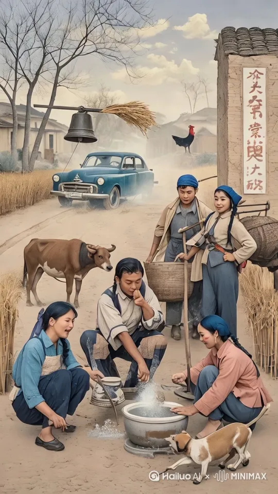 动态乡村生活  传统服饰村民（妇女用木槌敲打衣物/老人切菜/孩童奔跑） 踱步反刍的耕牛  啄食稻谷的母鸡群  引擎冒烟的老式汽车（缓慢移动）  飘动的晾衣绳织物  风吹稻穗波浪  摇曳的稻草堆  袅袅炊烟  盘旋的麻雀群  流动的溪水反光  飘动的云影  晨雾中的柔光  动态自然音效（建议后期添加）
 
---【增强版运镜方案】---
 
开场镜头（15秒）
 
运动：直升机视角缓降，45度俯角推进
 
动态元素：晨雾流动/晾晒的衣物飘动/溪水波光粼粼
 
焦点：全景动态扫描（左侧风车转动→中部房屋炊烟→右侧稻田波纹）
 
村民特写（20秒）
 
运动：斯坦尼康稳定器跟拍→轨道横向移动
 
动态细节：
 
√ 妇女捶衣时飞溅的水花特写
 
√ 老人菜刀切萝卜的连续动作
 
√ 孩童追逐时扬起的尘土轨迹
 
√ 晾晒辣椒串在风中的摆动节奏
 
动物生态（15秒）
 
运镜：地平面微距镜头→无人机仰角拉升
 
动态捕捉：
 
√ 牛尾拂蝇的周期性摆动
 
√ 母鸡啄食时羽毛的蓬松抖动
 
√ 牛颈铃铛随动作产生的光影变化
 
√ 昆虫在稻草堆间的跳跃轨迹
 
机械特写（15秒）
 
运动：DollyZoom镜头聚焦
 
动态强化：
 
√ 发动机盖蒸腾的热浪扭曲
 
√ 金属部件缓慢氧化产生的铜绿反光
 
√ 木质车厢随移动产生的轻微形变
 
√ 轮胎碾过碎石的特写慢动作
 
收尾镜头（25秒）
 
运镜：360度环绕上升→大范围延时效果
 
动态合成：
 
√ 日转夜过渡时的光影渐变
 
√ 村民活动→晚间篝火转换
 
√ 萤火虫群与星空的光点呼应
 
√ 汽车前灯在暮色中的光束穿透
 
---【动态设计要点】---
 
自然元素循环：设计2-3种风速等级的植物摆动模式
 
人物动作周期：制作8-12帧基础动作循环（如捶衣、耕作）
 
光影动态：添加云层移动产生的实时投影变化
 
粒子效果：尘土、炊烟、水雾采用流体动力学模拟
 
运动模糊：针对快速移动元素（如飞虫、抛掷物）增加动态模糊
 
建议在3D动画引擎中实现时可使用：
 
布料模拟（衣物/窗帘）
 
流体模拟（溪水/炊烟）
 
刚体动力学（农具碰撞）
 
群体模拟（鸡群移动模式）[右移,左摇,跟随] by Hailuo AI Video Generator