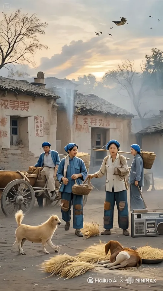 环境动态
老旧土墙房屋:晾晒的粗布衣物随风轻摆,屋顶炊烟呈螺旋状袅袅上升
斑驳墙面上"鹿和田林集"文字:午后阳光穿过树叶,在字迹上投射出流动的光斑
地面散落稻草:被微风卷起细小漩涡,偶尔掠过劳作者的草鞋边缘
生物动态
劳作农民:三位戴斗笠的农人形成动态三角构图
› 左侧老者弯腰挥动木叉,稻草呈抛物线散落
› 中间妇女挽起衣袖,手持竹筛筛出谷粒雨幕
› 右侧青年肩扛稻草捆走动,捆绳末端随步伐摆动
动物群像:
› 三只飞鸟在"武夷山寺"屋脊上空交替俯冲/攀升
› 两只黄犬追逐穿过场景,前爪扬起细小尘雾
› 稻草堆旁有麻雀蹦跳啄食,受惊时群体飞散
光影动态
阳光从云层间隙洒落,光影在麻布衣衫上缓慢推移
农具金属部分反射高光随动作位置变化闪烁
背景竹林呈现深浅交替的"风痕"动态效果
多维度运镜方案
开场镜头(8秒)
高空俯拍:云层投影在地面移动,展现"AI""人"等墙面文字全貌
镜头下移伴随飞鸟入画,鸟群飞掠带出劳作人群全景
核心镜头组(20秒)
中景环绕:以青年扛稻草为轴心,360°展示
› 前景:筛谷妇女手臂肌肉线条的动态特写
› 背景:老者木叉扬起稻草形成的黄金弧线
低机位平移:黄犬从镜头前跑过,焦点切换至
› 地面:蚂蚁列队搬运谷粒的微观动态
› 空中:飘落的谷壳在光柱中悬浮旋转
收尾镜头(12秒)
慢镜头:水珠从妇女额角滑落,倒影中映出
› 近景:汗珠坠地溅起尘土的瞬间动态
› 远景:暮色初现时家家户户点亮油窗的渐变动画
动态增强参数建议
风速梯度:地面碎草0.3m/s微风,高空飞鸟翼尖3m/s气流
动作频率:筛谷动作2秒/次,扛草行走4步/秒,犬类尾巴摆动3Hz
时间维度:建议加入晨雾消散/午后光影/暮色渐染三时段渐变 by Hailuo AI Video Generator