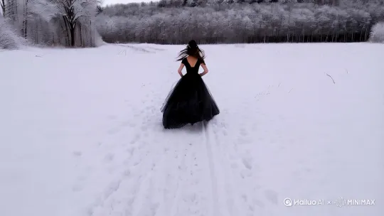[上升,变焦推进,跟随][左移,推进,右摇]在雪地里奔跑的穿衣黑色婚纱的长发飘飘的女人 by Hailuo AI Video Generator