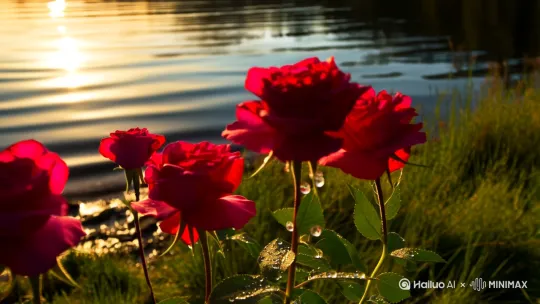 [主体] 夏日湖畔盛开的红玫瑰花丛特写，花瓣表面凝结晶莹露珠  
[光线] 黄昏时分的暗金色侧逆光，湖面反光在花瓣形成光斑  
[细节] 3片飘落的花瓣动态模糊效果，背景虚化的湖面波纹  
[风格] 超现实主义8K摄影，哈苏X2D自然色彩，f/1.4浅景深  
[参数] --ar 16:9 --style raw --chaos 30 by Hailuo AI Video Generator