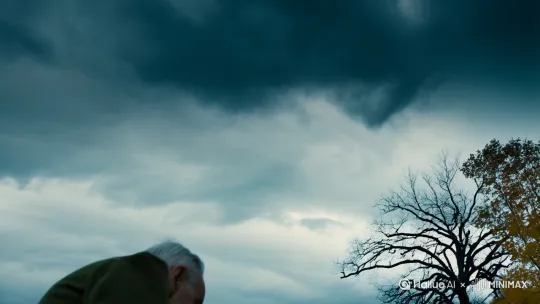 这段场景可以通过以下分镜脚本呈现：

1. **远景空镜**（5秒）
- 阴沉的铅灰色天空占据画面2/3
- 枯树剪影斜贯画面右下角
- 萧瑟秋风卷起几片焦黄落叶

2. **中景跟拍**（8秒）
- 镜头以45度侧后视角跟随老兵
- 布满裂痕的皮靴特写，踏碎水洼中倒映的乌云
- 褪色军裤膝盖处磨出毛边，随着蹒跚步伐摩擦出沙沙声

3. **墓碑揭示**（3秒）
- 镜头从老兵佝偻的背脊上摇
- 露出倾斜的黑色花岗岩墓碑，碑面爬满青苔
- "1944"的字样在雨蚀中模糊成流泪的痕迹

4. **细节特写**（6秒）
- 颤抖的右手特写：虎口处陈年弹片伤痕
- 野菊花茎在龟裂的指节间轻微颤动
- 三根白发粘在起毛的袖口，随呼吸起伏

5. **面部微相学**（4秒）
- 侧逆光勾勒出凹陷的面颊轮廓
- 下眼睑的老年斑在阴影中晕染
- 喉结在吞咽时牵动颈部蜈蚣状疤痕

6. **环境互动**（5秒）
- 风突然卷起褪色的衣领
- 露出内衬衣领处绣着的"D连 227"
- 一朵花瓣被吹落在生锈的步枪弹壳上

7. **超现实瞬间**（2秒）
- 倒影中的年轻士兵与老人同时下蹲
- 水面泛起涟漪时幻象消失

8. **最终定帧**（持续）
- 取景框将老兵压缩在墓碑阴影中
- 仅剩献花的手背在光线里闪烁老年斑
- 远处传来飘渺的熄灯号旋律

【视听方案】
- 色彩：采用柯达5219胶片质感，高光部保留琥珀色，暗部渗入钢蓝色
- 运镜：斯坦尼康轻微呼吸感移动，配合Arri Master Anamorphic镜头变形眩光
- 音效：强化布料摩擦声/关节响声/野草摇曳声，混入若隐若现的诺曼底登陆录音档案
- 光线：模仿维米尔绘画的窗光效果，在瞳孔中制造两个微弱高光点

这个长镜头通过物质现实的诗意化处理，将战争创伤转化为可触摸的视觉肌理。军服磨损处的每一根线头都成为时光的刻度，而墓碑的阴影则化作吞噬记忆的黑洞。 by Hailuo AI Video Generator