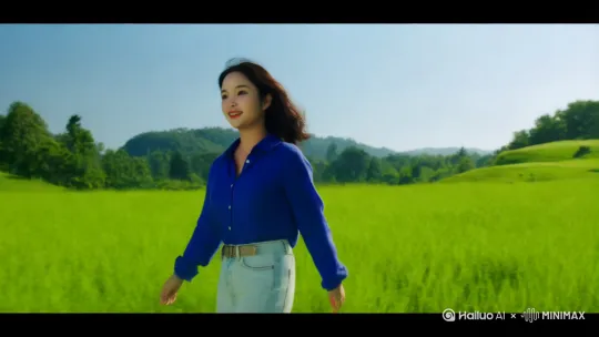 一个女人，身穿蓝色衬衣，浅色牛仔裤，表情可爱，大步走在碧绿的草原，天空碧蓝，阳光明媚，环绕镜头，电影感，写实，面部明亮 by Hailuo AI Video Generator