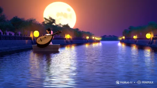【视频脚本】《月圆遥寄》

[镜头1：江面波光粼粼，倒映着圆月与两岸灯笼，古筝泛音渐起]

[镜头2：穿中式嫁衣的女子侧影立于石栏边，发间珠钗微颤，手机屏保是全家福合照（特写）]

（前奏：箫声悠远切入）
"旧时灯影晃窗棂
阿娘揉面裹甜心
今宵烟火泊他乡
碎在浪尖不成星"

[镜头3：叠化记忆画面（暖色调）- 小女孩踮脚挂兔子灯，父亲笑着托举，母亲端着青花碗]

（间奏：钢琴如月光流淌）
[镜头4：女子指尖轻触冰凉栏杆，江风吹散睫毛上的水珠，手机拨号界面闪烁又熄灭]

（副歌扬升，弦乐加入）
"明月光 裁作笺
写满胭脂都不见
万重山 剪红线
系住流年不肯远"

[镜头5：仰拍孔明灯升起，与明月重叠，飘向云层（慢镜头），片尾字幕"愿所有思念，终有归期"]

（尾奏：古筝轮指渐弱，混入远方烟花声）

时长：65秒｜音乐风格：新世纪融合民乐｜色调：靛青+琥珀色｜建议取景地：江南水乡廊桥[推进,上升] by Hailuo AI Video Generator