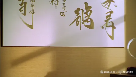 帮我生成一个慢煮时光的视频，小茶室背景墙上挂着"慢煮时光"书法，茶桌上有千里江山图的茶席，一个玻璃茶壶套组，玻璃里正煮着茶冒着热气，茶桌上还有一个小的青瓷花瓶，插着好看的红果，青瓷花瓶旁边放着几本书，一个静字的香插上点燃了一支香，香烟袅袅，视频逼真，像真实的茶室场景 by Hailuo AI Video Generator