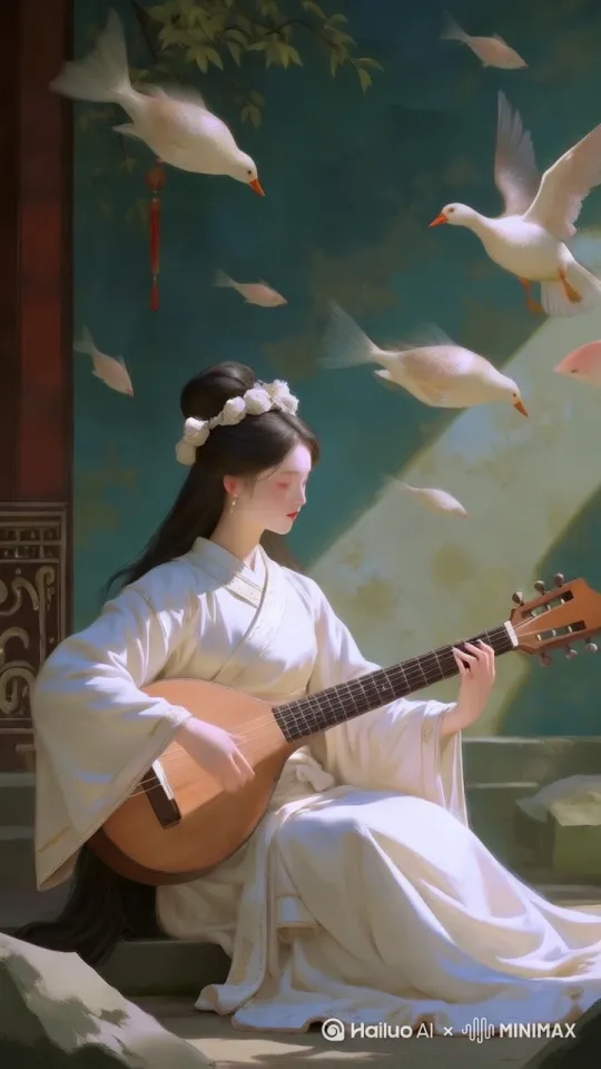 谁在抚琴配落雁沉鱼。[左移,推进,右摇] by Hailuo AI Video Generator