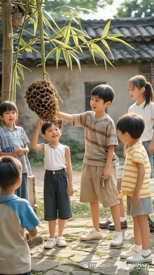 小男孩拿竹子去捅马蜂窝，马蜂窝掉落，无数马蜂飞落到小孩身上，小孩上窜下跳，飞快逃跑 by Hailuo AI Video Generator