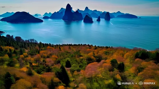 东临碣石，以观沧海。水何澹澹，山岛竦峙。树木丛生，百草丰茂。秋风萧瑟，洪波涌起。日月之行，若出其中。星汉灿烂，若出其里。幸甚至哉，歌以咏志。 by Hailuo AI Video Generator