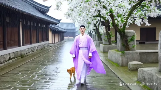 穿着一身淡紫色长袍在古色古香的街道上走着，天空飘着小雨，路边两三颗开着梨花的梨树，小橘猫在前面领路 by Hailuo AI Video Generator