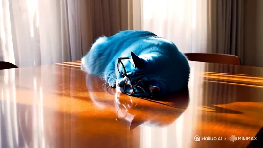 生成一个蓝色胖猫戴着眼镜在桌子上犯困的视频 by Hailuo AI Video Generator