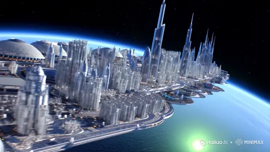 未来的太空城市建立在地球的同步轨道上 by Hailuo AI Video Generator