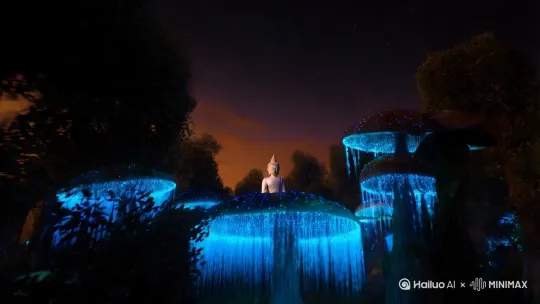 🌌 模板一：幻光森林奇遇记
标题：99%人没见过的发光森林！AI还原上古秘境 文案：
"当夜幕降临，这片森林的树木开始发出幽蓝荧光（镜头从星空俯冲进森林，萤火粒子特效环绕）。巨型蘑菇伞盖下流淌着液态水晶（特写蘑菇脉络发光细节），树藤如神经网络般自动编织桥梁（慢镜头展示藤蔓生长过程）。注意看第十秒——悬浮的蒲公英群落突然集体爆散，化作万千光点淹没镜头！"
技术提示：
要求生成「环绕运镜+动态粒子特效」，可参考1中佛像视频的运镜手法，叠加12中MiniMax的多场景连贯性，创造秘境探索的沉浸感。 by Hailuo AI Video Generator