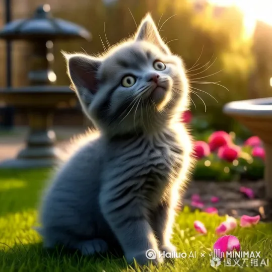 小猫扑蝶，动作顺畅自然：蝴蝶飞舞到小猫面前，小猫抬起抓子，并跟随蝴蝶转圈。 by Hailuo AI Video Generator