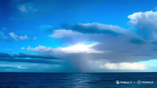 原本晴空万里的蓝天白云骤然被翻滚的乌云吞噬，天空变得漆黑如墨，云层中不断有闪电刺破黑暗，雷声轰鸣。  
海面从平静瞬间转为狂暴，巨浪如山般卷起，深蓝色的海水被狂风撕扯成白色的浪花和泡沫[左移,上升] by Hailuo AI Video Generator