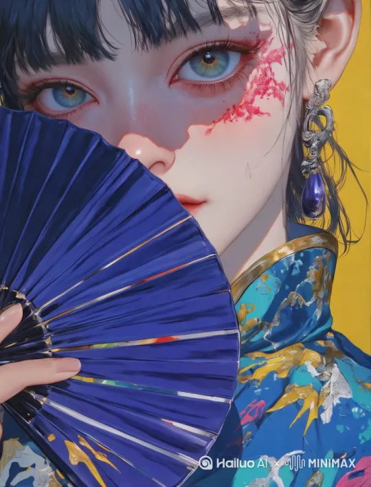 中式女子，用扇子遮住半边脸，冷艳，生动，少量动态 by Hailuo AI Video Generator