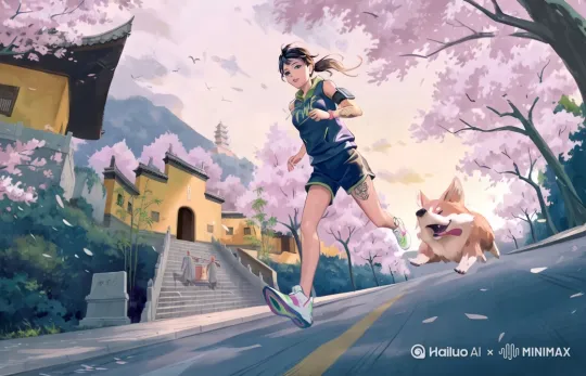 人跑步，狗跑步，头发甩，花瓣飞舞[左移,跟随] by Hailuo AI Video Generator