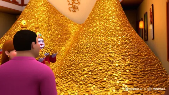 五路财神都来到家里，屋里飞满黄金，全部都笑脸盈盈，祝福我财源广进。[左移,推进,右摇] by Hailuo AI Video Generator