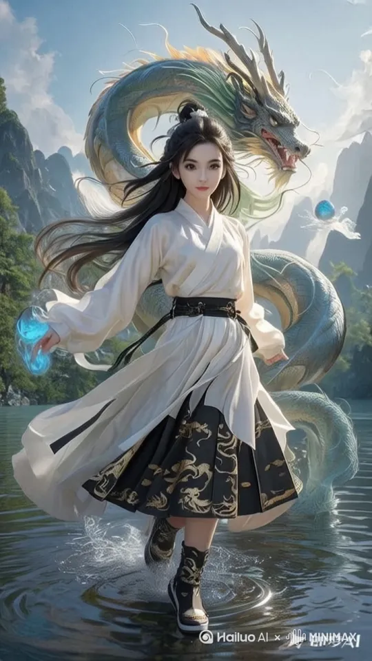 图片中少女在水面上翩翩起舞，舞姿轻盈欢快，水面泛起阵阵涟漪，身后的巨龙缓缓盘旋而动，活灵活现，守护着少女，身后山水仙气弥漫。超高清画质，国漫真实3D质感，人物动作刻画细致 by Hailuo AI Video Generator