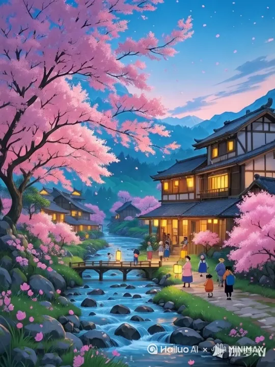 微风拂动，樱花缓缓落下，流水潺潺缓缓流动，灯火闪烁，人们在河边散步，小孩子在河边嬉戏 by Hailuo AI Video Generator