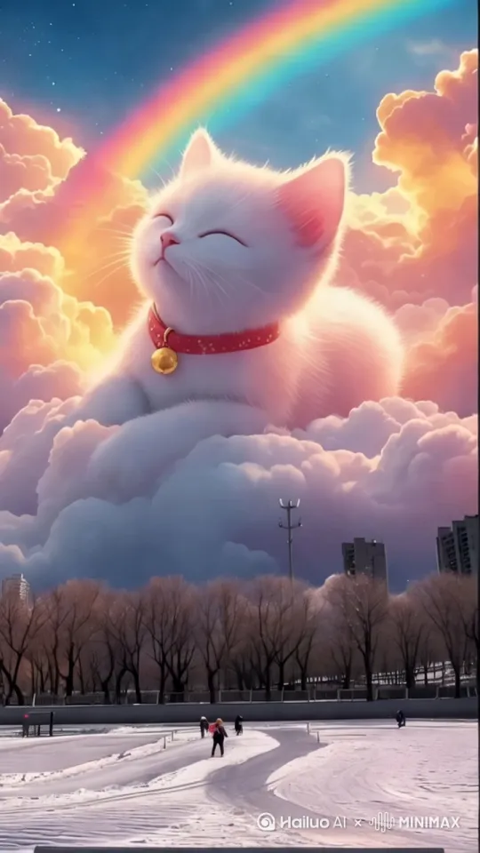 镜头从地上缓缓升起，几个人在雪地上行走，
镜头最终回到正前方，画面中的猫咪慢慢睁开眼睛，微笑着注视着前方。它的表情充满了幸福和满足，仿佛在享受这一刻的宁静与美好。彩虹在它的背后绚丽地绽放，云朵在它的周围缓缓漂浮，[固定镜头] by Hailuo AI Video Generator